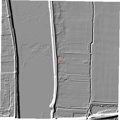 Shaded relief map of the ground around DN147RW, computed from Environment Agency LiDAR. The ground here sits at about 4 m above sea level and falls 9 m across the surrounding 800 m. Surface water reaching this point runs off ground lying to the west-north-west, 3.1 m higher.