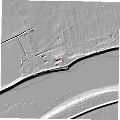Shaded relief map of the ground around DN147RX, computed from Environment Agency LiDAR. The ground here sits at about 4 m above sea level and falls 8 m across the surrounding 800 m. Surface water reaching this point runs off ground lying to the north-west, 3.2 m higher.