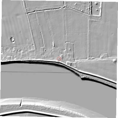 Shaded relief map of the ground around DN147RY, computed from Environment Agency LiDAR. The ground here sits at about 4 m above sea level and falls 8 m across the surrounding 800 m. Surface water reaching this point runs off ground lying to the south-south-west, 3.2 m higher.