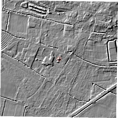 Shaded relief map of the ground around DN147RZ, computed from Environment Agency LiDAR. The ground here sits at about 4 m above sea level and falls 5 m across the surrounding 800 m. Surface water reaching this point runs off ground lying to the north-east, 2.3 m higher.