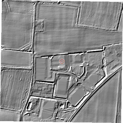 Shaded relief map of the ground around DN147SD, computed from Environment Agency LiDAR. The ground here sits at about 6 m above sea level and falls 5 m across the surrounding 800 m. Surface water reaching this point runs off ground lying to the south, 0.8 m higher.