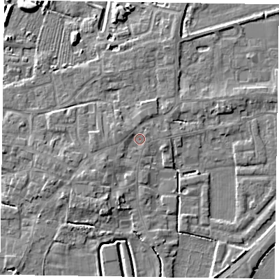 Shaded relief map of the ground around DN147SF, computed from Environment Agency LiDAR. The ground here sits at about 5 m above sea level and falls 6 m across the surrounding 800 m. Surface water reaching this point runs off ground lying to the south-south-west, 2.5 m higher.