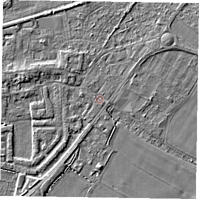 Shaded relief map of the ground around DN147SH, computed from Environment Agency LiDAR. The ground here sits at about 4 m above sea level and falls 3 m across the surrounding 800 m. Surface water reaching this point runs off ground lying to the north-west, 1.7 m higher.