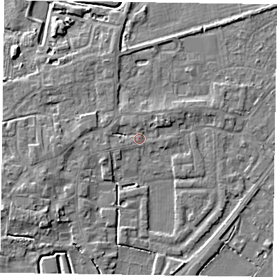 Shaded relief map of the ground around DN147SL, computed from Environment Agency LiDAR. The ground here sits at about 4 m above sea level and falls 6 m across the surrounding 800 m. Surface water reaching this point runs off ground lying to the west, 2.6 m higher.