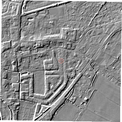 Shaded relief map of the ground around DN147SN, computed from Environment Agency LiDAR. The ground here sits at about 4 m above sea level and falls 4 m across the surrounding 800 m. Surface water reaching this point runs off ground lying to the north-west, 2.2 m higher.