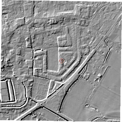 Shaded relief map of the ground around DN147SP, computed from Environment Agency LiDAR. The ground here sits at about 4 m above sea level and falls 5 m across the surrounding 800 m. Surface water reaching this point runs off ground lying to the west, 4.2 m higher.