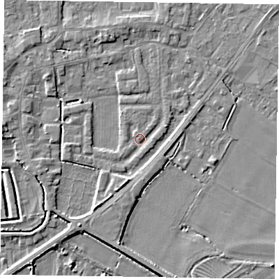 Shaded relief map of the ground around DN147SR, computed from Environment Agency LiDAR. The ground here sits at about 4 m above sea level and falls 5 m across the surrounding 800 m. Surface water reaching this point runs off ground lying to the west-north-west, 3.2 m higher.
