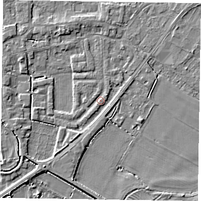Shaded relief map of the ground around DN147SS, computed from Environment Agency LiDAR. The ground here sits at about 4 m above sea level and falls 4 m across the surrounding 800 m. Surface water reaching this point runs off ground lying to the south-west, 3.1 m higher.
