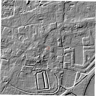 Shaded relief map of the ground around DN147ST, computed from Environment Agency LiDAR. The ground here sits at about 5 m above sea level and falls 5 m across the surrounding 800 m. Surface water reaching this point runs off ground lying to the south-west, 2.5 m higher.