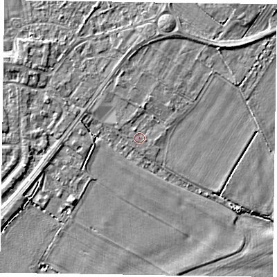 Shaded relief map of the ground around DN147TG, computed from Environment Agency LiDAR. The ground here sits at about 4 m above sea level and falls 3 m across the surrounding 800 m. The ground contributing surface water to this point lies to the east-south-east.