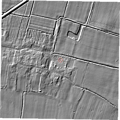 Shaded relief map of the ground around DN147TR, computed from Environment Agency LiDAR. The ground here sits at about 2 m above sea level and falls 4 m across the surrounding 800 m. Surface water reaching this point runs off ground lying to the south-west, 2.4 m higher.