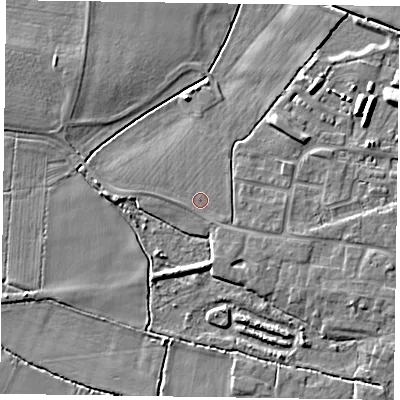 Shaded relief map of the ground around DN147TY, computed from Environment Agency LiDAR. The ground here sits at about 4 m above sea level and falls 6 m across the surrounding 800 m. Surface water reaching this point runs off ground lying to the south-east, 0.6 m higher.