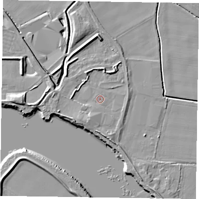 Shaded relief map of the ground around DN147UF, computed from Environment Agency LiDAR. The ground here sits at about 4 m above sea level and falls 7 m across the surrounding 800 m. Surface water reaching this point runs off ground lying to the south, 3.3 m higher.