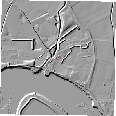 Shaded relief map of the ground around DN147UH, computed from Environment Agency LiDAR. The ground here sits at about 4 m above sea level and falls 7 m across the surrounding 800 m. Surface water reaching this point runs off ground lying to the south-south-east, 2.7 m higher.