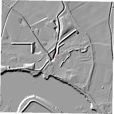 Shaded relief map of the ground around DN147UJ, computed from Environment Agency LiDAR. The ground here sits at about 4 m above sea level and falls 7 m across the surrounding 800 m. Surface water reaching this point runs off ground lying to the north-east, 6.2 m higher.