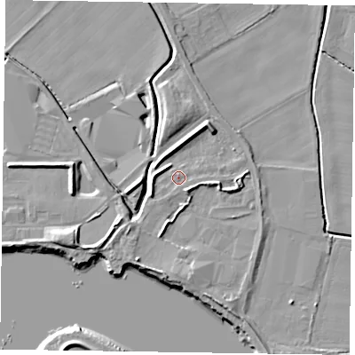 Shaded relief map of the ground around DN147UL, computed from Environment Agency LiDAR. The ground here sits at about 4 m above sea level and falls 7 m across the surrounding 800 m. Surface water reaching this point runs off ground lying to the south-south-east, 3.5 m higher.