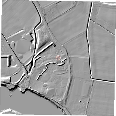 Shaded relief map of the ground around DN147UN, computed from Environment Agency LiDAR. The ground here sits at about 4 m above sea level and falls 7 m across the surrounding 800 m. Surface water reaching this point runs off ground lying to the south, 3.5 m higher.