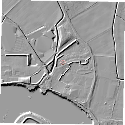 Shaded relief map of the ground around DN147UP, computed from Environment Agency LiDAR. The ground here sits at about 4 m above sea level and falls 7 m across the surrounding 800 m. Surface water reaching this point runs off ground lying to the south-south-east, 0.7 m higher.