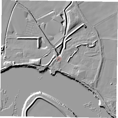 Shaded relief map of the ground around DN147UQ, computed from Environment Agency LiDAR. The ground here sits at about 5 m above sea level and falls 7 m across the surrounding 800 m. Surface water reaching this point runs off ground lying to the west-south-west, 5.3 m higher.
