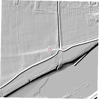Shaded relief map of the ground around DN147UR, computed from Environment Agency LiDAR. The ground here sits at about 4 m above sea level and falls 8 m across the surrounding 800 m. Surface water reaching this point runs off ground lying to the south-south-east, 1.8 m higher.