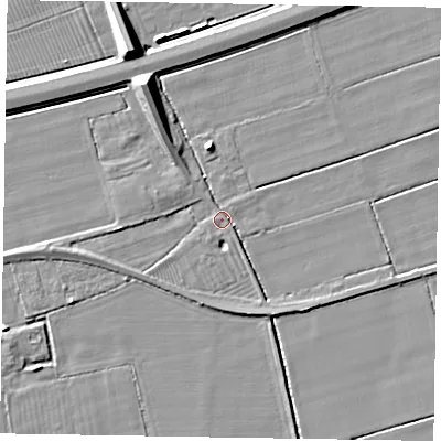 Shaded relief map of the ground around DN147XE, computed from Environment Agency LiDAR. The ground here sits at about 4 m above sea level and falls 9 m across the surrounding 800 m. Surface water reaching this point runs off ground lying to the west, 2.8 m higher.