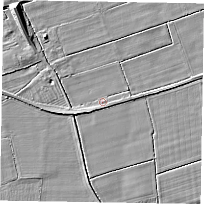 Shaded relief map of the ground around DN147XJ, computed from Environment Agency LiDAR. The ground here sits at about 4 m above sea level and falls 9 m across the surrounding 800 m. Surface water reaching this point runs off ground lying to the south, 1.0 m higher.