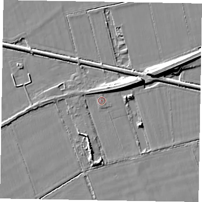 Shaded relief map of the ground around DN147XN, computed from Environment Agency LiDAR. The ground here sits at about 4 m above sea level and falls 9 m across the surrounding 800 m. Surface water reaching this point runs off ground lying to the east-north-east, 7.8 m higher.