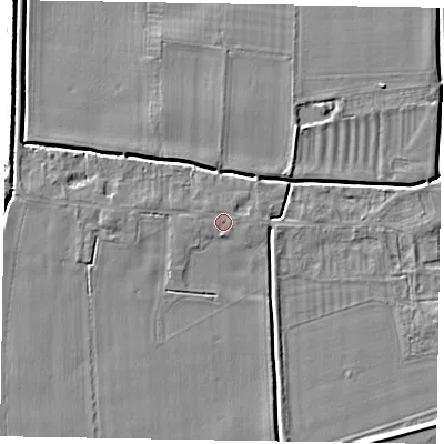 Shaded relief map of the ground around DN147XY, computed from Environment Agency LiDAR. The ground here sits at about 3 m above sea level and falls 6 m across the surrounding 800 m. The ground contributing surface water to this point lies to the north-west.