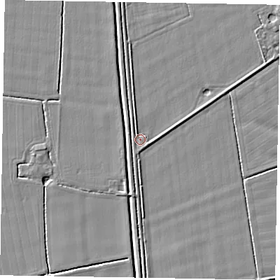 Shaded relief map of the ground around DN147XZ, computed from Environment Agency LiDAR. The ground here sits at about 3 m above sea level and falls 3 m across the surrounding 800 m. Surface water reaching this point runs off ground lying to the north-north-west, 1.6 m higher.