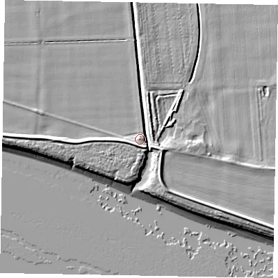 Shaded relief map of the ground around DN147YP, computed from Environment Agency LiDAR. The ground here sits at about 4 m above sea level and falls 7 m across the surrounding 800 m. Surface water reaching this point runs off ground lying to the south-west, 1.3 m higher.