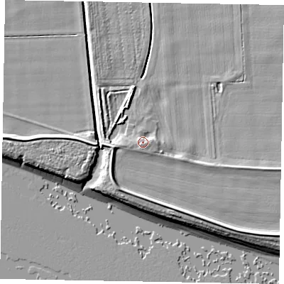 Shaded relief map of the ground around DN147YR, computed from Environment Agency LiDAR. The ground here sits at about 4 m above sea level and falls 7 m across the surrounding 800 m. Surface water reaching this point runs off ground lying to the south-east, 2.1 m higher.