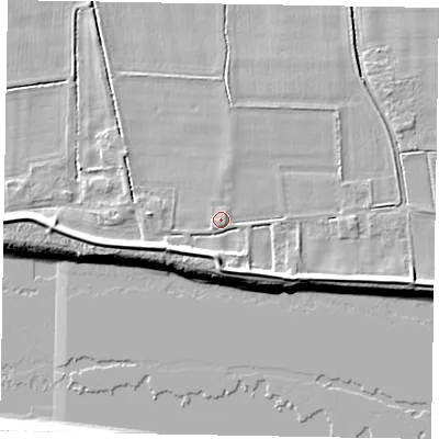 Shaded relief map of the ground around DN147YW, computed from Environment Agency LiDAR. The ground here sits at about 4 m above sea level and falls 8 m across the surrounding 800 m. Surface water reaching this point runs off ground lying to the west-south-west, 3.5 m higher.