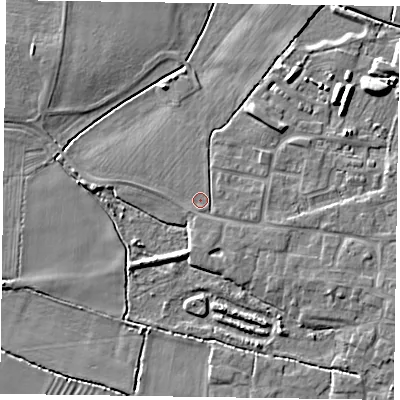 Shaded relief map of the ground around DN147YX, computed from Environment Agency LiDAR. The ground here sits at about 4 m above sea level and falls 6 m across the surrounding 800 m. Surface water reaching this point runs off ground lying to the east-south-east, 1.7 m higher.