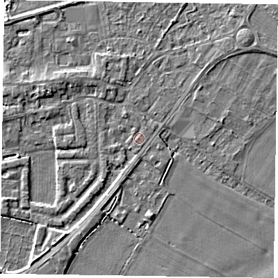 Shaded relief map of the ground around DN147ZA, computed from Environment Agency LiDAR. The ground here sits at about 4 m above sea level and falls 3 m across the surrounding 800 m. Surface water reaching this point runs off ground lying to the north-west, 1.7 m higher.