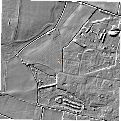 Shaded relief map of the ground around DN147ZJ, computed from Environment Agency LiDAR. The ground here sits at about 4 m above sea level and falls 6 m across the surrounding 800 m. Surface water reaching this point runs off ground lying to the east-south-east, 1.8 m higher.