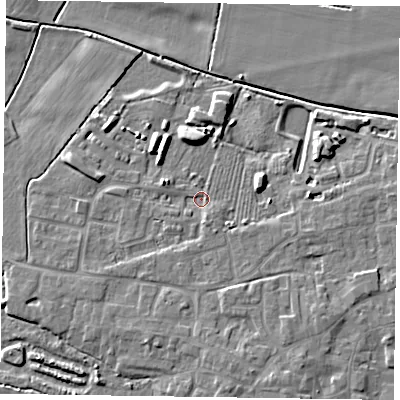Shaded relief map of the ground around DN147ZL, computed from Environment Agency LiDAR. The ground here sits at about 4 m above sea level and falls 7 m across the surrounding 800 m. Surface water reaching this point runs off ground lying to the west-north-west, 2.4 m higher.
