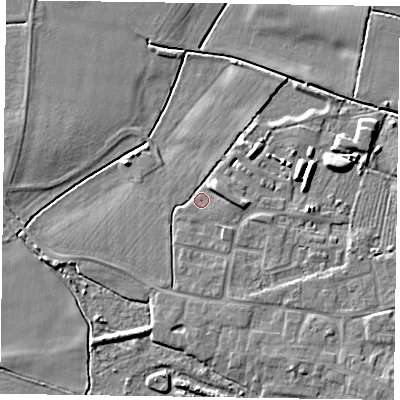 Shaded relief map of the ground around DN147ZQ, computed from Environment Agency LiDAR. The ground here sits at about 4 m above sea level and falls 6 m across the surrounding 800 m. Surface water reaching this point runs off ground lying to the east, 3.3 m higher.