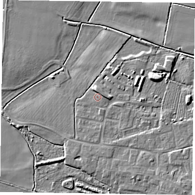 Shaded relief map of the ground around DN147ZR, computed from Environment Agency LiDAR. The ground here sits at about 4 m above sea level and falls 6 m across the surrounding 800 m. Surface water reaching this point runs off ground lying to the east-north-east, 2.1 m higher.
