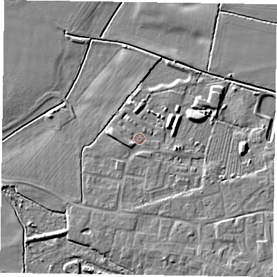 Shaded relief map of the ground around DN147ZS, computed from Environment Agency LiDAR. The ground here sits at about 4 m above sea level and falls 6 m across the surrounding 800 m. Surface water reaching this point runs off ground lying to the south-west, 2.3 m higher.