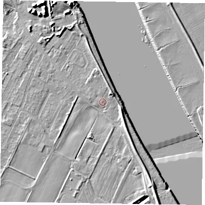 Shaded relief map of the ground around DN148AA, computed from Environment Agency LiDAR. The ground here sits at about 4 m above sea level and falls 13 m across the surrounding 800 m. Surface water reaching this point runs off ground lying to the north-east, 2.4 m higher.