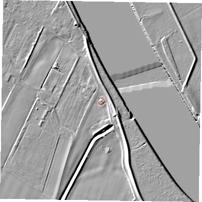 Shaded relief map of the ground around DN148AB, computed from Environment Agency LiDAR. The ground here sits at about 4 m above sea level and falls 7 m across the surrounding 800 m. Surface water reaching this point runs off ground lying to the east-north-east, 3.9 m higher.
