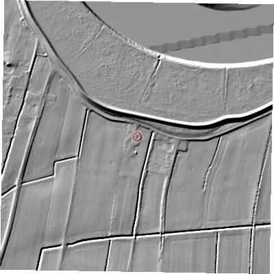 Shaded relief map of the ground around DN148AD, computed from Environment Agency LiDAR. The ground here sits at about 2 m above sea level and falls 7 m across the surrounding 800 m. Surface water reaching this point runs off ground lying to the north-west, 5.8 m higher.