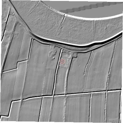 Shaded relief map of the ground around DN148AF, computed from Environment Agency LiDAR. The ground here sits at about 1 m above sea level and falls 7 m across the surrounding 800 m. Surface water reaching this point runs off ground lying to the south-west, 2.5 m higher.