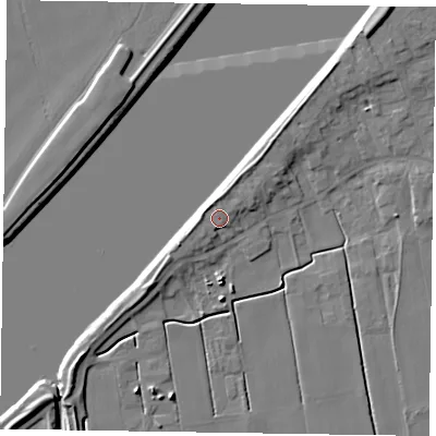 Shaded relief map of the ground around DN148AG, computed from Environment Agency LiDAR. The ground here sits at about 5 m above sea level and falls 7 m across the surrounding 800 m. Surface water reaching this point runs off ground lying to the north, 1.7 m higher.