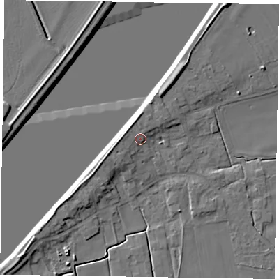 Shaded relief map of the ground around DN148AH, computed from Environment Agency LiDAR. The ground here sits at about 5 m above sea level and falls 7 m across the surrounding 800 m. Surface water reaching this point runs off ground lying to the north, 2.6 m higher.