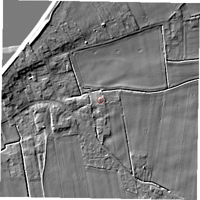 Shaded relief map of the ground around DN148AJ, computed from Environment Agency LiDAR. The ground here sits at about 3 m above sea level and falls 7 m across the surrounding 800 m. The ground contributing surface water to this point lies to the north.