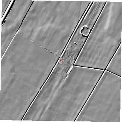 Shaded relief map of the ground around DN148BH, computed from Environment Agency LiDAR. The ground here sits at about 2 m above sea level and falls 5 m across the surrounding 800 m. Surface water reaching this point runs off ground lying to the west-south-west, 2.2 m higher.