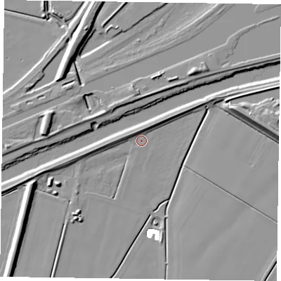 Shaded relief map of the ground around DN148BJ, computed from Environment Agency LiDAR. The ground here sits at about 2 m above sea level and falls 12 m across the surrounding 800 m. Surface water reaching this point runs off ground lying to the north, 3.9 m higher.