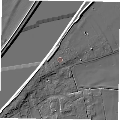 Shaded relief map of the ground around DN148BP, computed from Environment Agency LiDAR. The ground here sits at about 4 m above sea level and falls 8 m across the surrounding 800 m. Surface water reaching this point runs off ground lying to the north-west, 2.8 m higher.