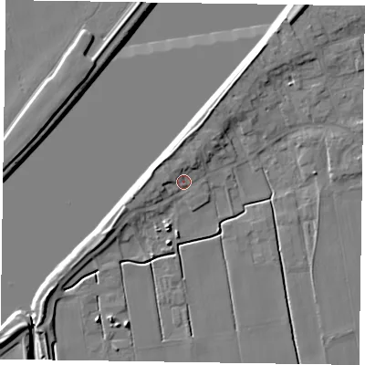 Shaded relief map of the ground around DN148BU, computed from Environment Agency LiDAR. The ground here sits at about 4 m above sea level and falls 7 m across the surrounding 800 m. Surface water reaching this point runs off ground lying to the west-south-west, 3.1 m higher.